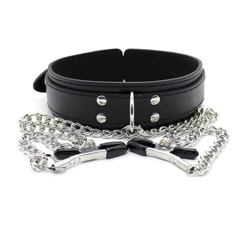 BDSM Bondage Erotic Slave Collar Nipple Clamps Leather...