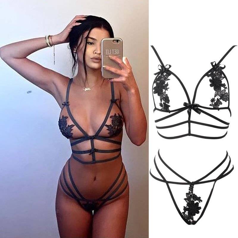 Sexy Lace Lingerie Set Women Hot Erotic Nightwear Bandage Sissy Open Bra with G-string Underwear Babydoll Exotic Apparel