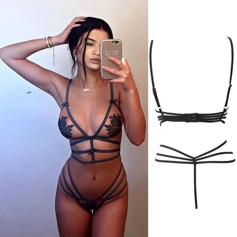 Sexy Lace Lingerie Set Women Hot Erotic Nightwear Bandage Sissy Open Bra with G-string Underwear Babydoll Exotic Apparel