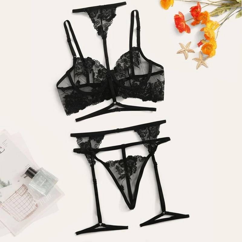 woman Flower Lace Underwire Garter and Thong Sexy Bra Ultrathin Underwear Set Transparent Bra Set Embroidery Lingerie Brassiere
